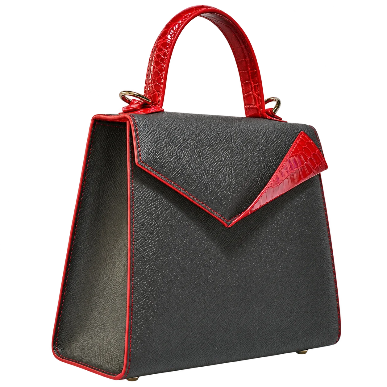 Mini Laura in black calf and red exotic leather, side view showing leather grain and red stitching