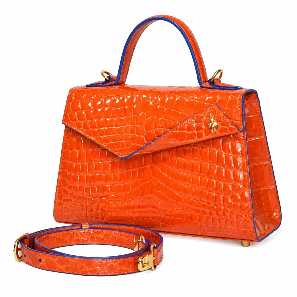 Laura Mini Too in orange and blue Niloticus leather, side view with matching shoulder strap